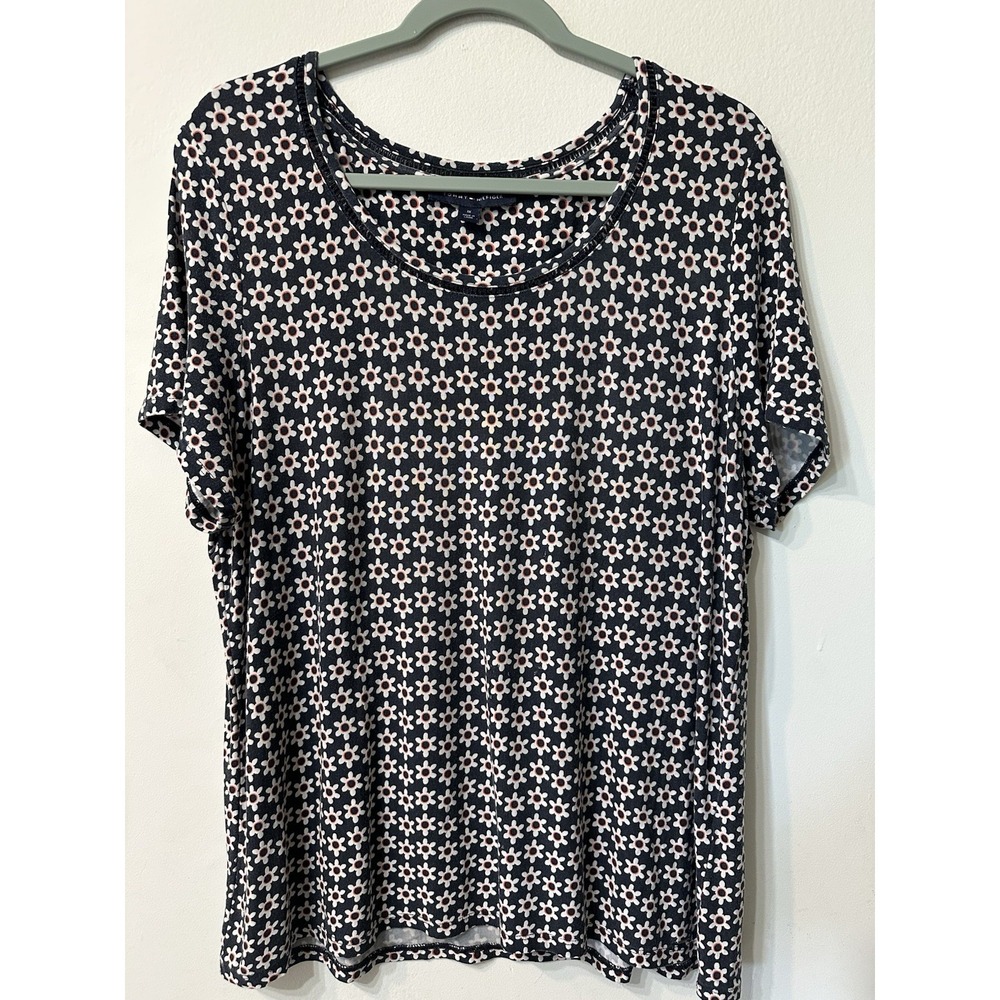 Tommy Hilfiger 1X Top Womens Short Sleeve Daisy Floral Knit Crochet Accent Blue